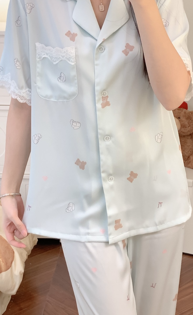 Mint Teddy & Bunny Satin Pajama Set – Cute Short Sleeve Summer Sleepwear - SKU#29