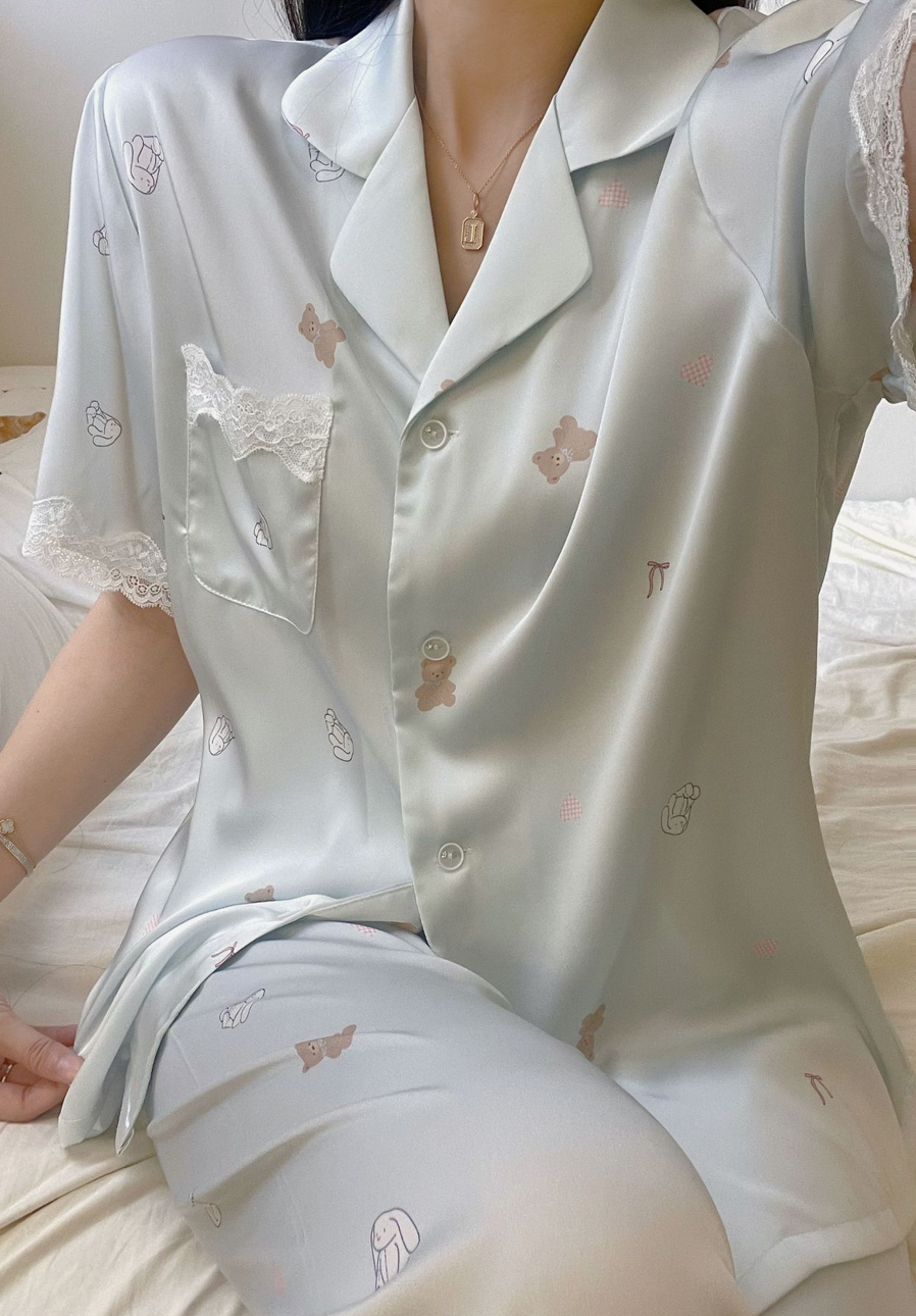 Mint Teddy & Bunny Satin Pajama Set – Cute Short Sleeve Summer Sleepwear - SKU#29