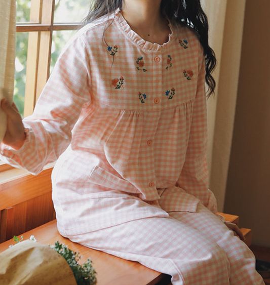 Women’s Pink Brushed Cotton Pajama Set – Long Sleeve Gingham Floral Sleepwear Pyjamas - SKU#D6