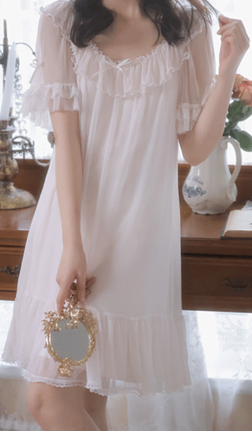 Pink Ruffle Chiffon Nightdress – French Romantic Sleepwear for Women - SKU#35