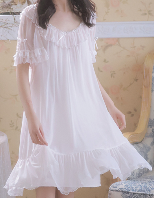 Pink Ruffle Chiffon Nightdress – French Romantic Sleepwear for Women - SKU#35