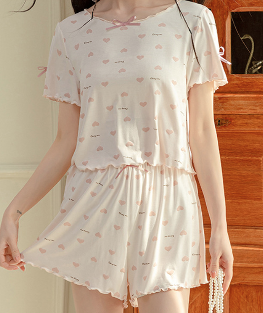 Pink Heart Short Pajama Set – Cute Summer Sleepwear for Women - SKU#37