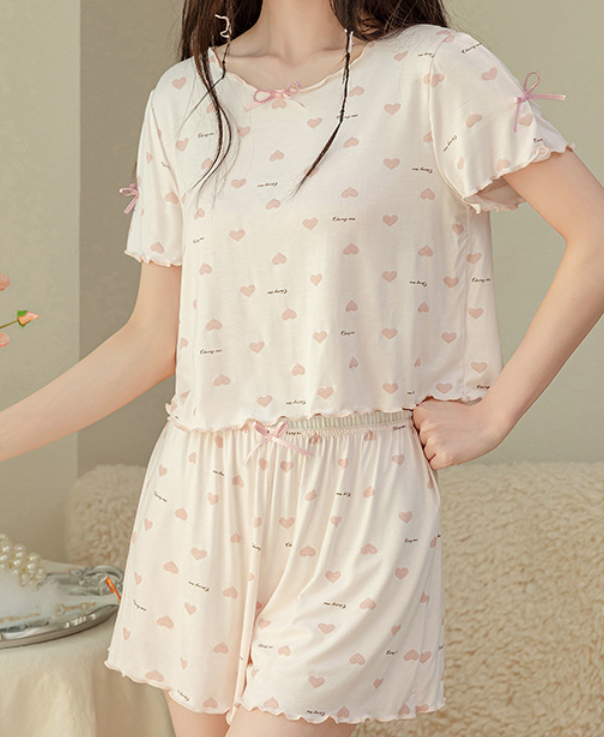 Pink Heart Short Pajama Set – Cute Summer Sleepwear for Women - SKU#37