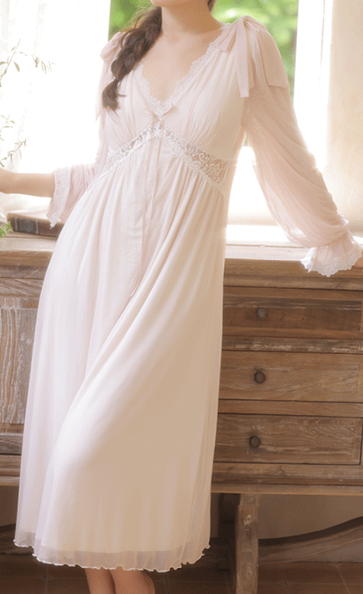 Blush Pink Lace Long Nightdress – Romantic Vintage Sleepwear for Women - SKU#39