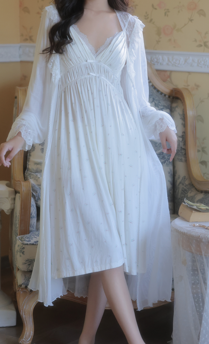 Palace Fairy Lace Nightdress – Romantic Vintage Sleepwear Set -SKU#40