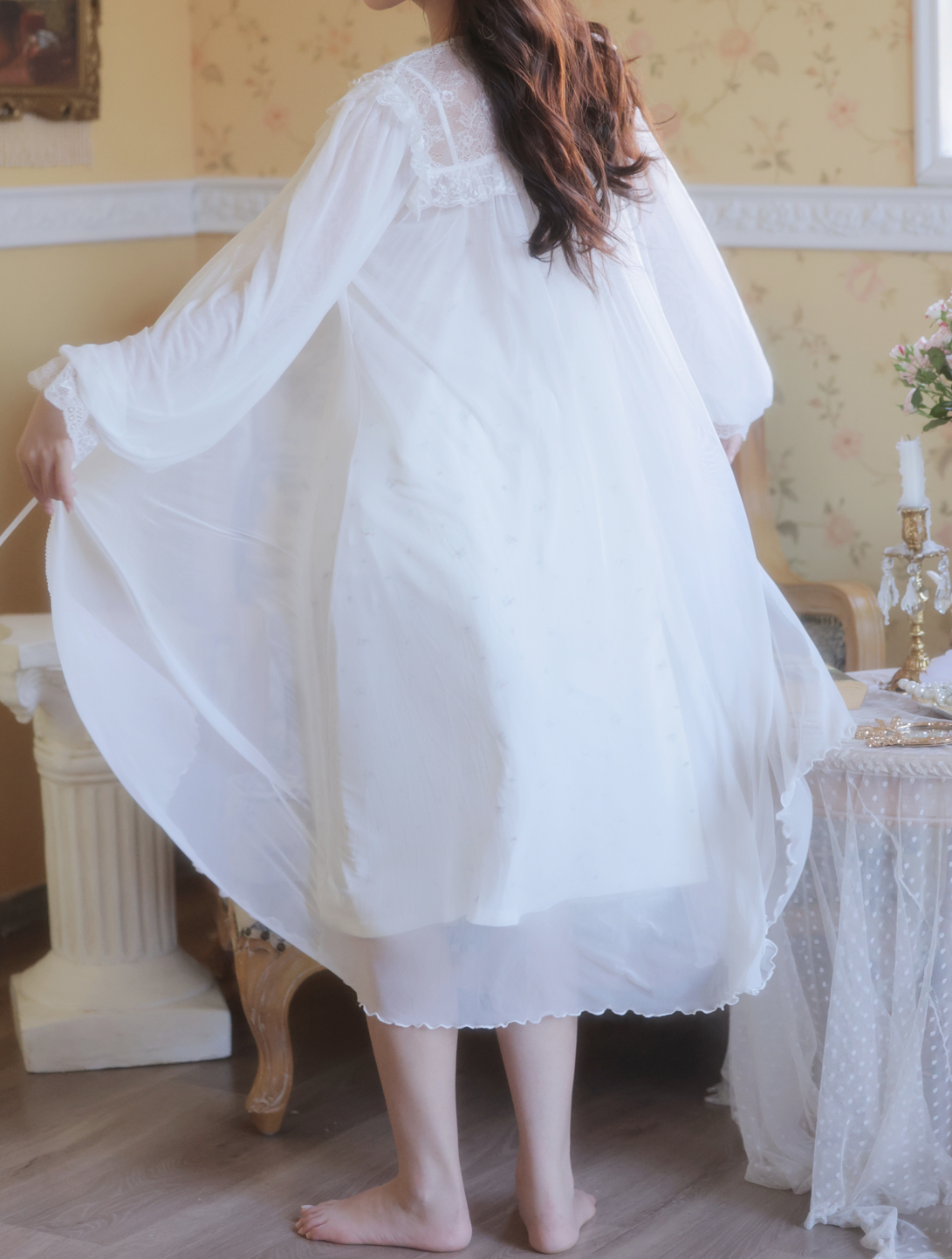 Palace Fairy Lace Nightdress – Romantic Vintage Sleepwear Set -SKU#40