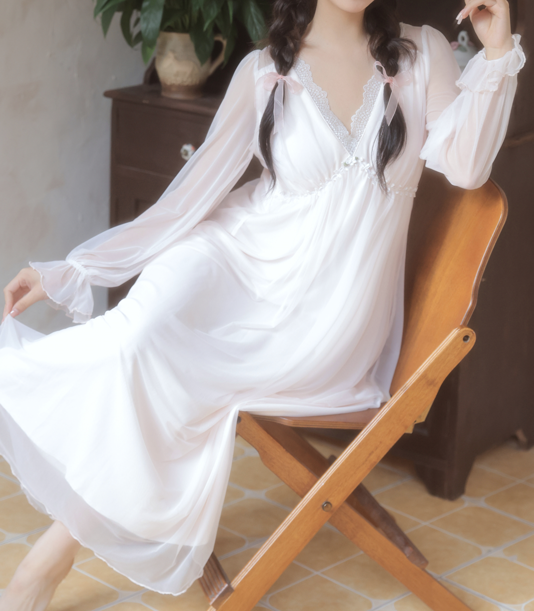 Fairy Veil Nightdress – Long Lace Chiffon-Style Gown in Soft Pink - SKU#42