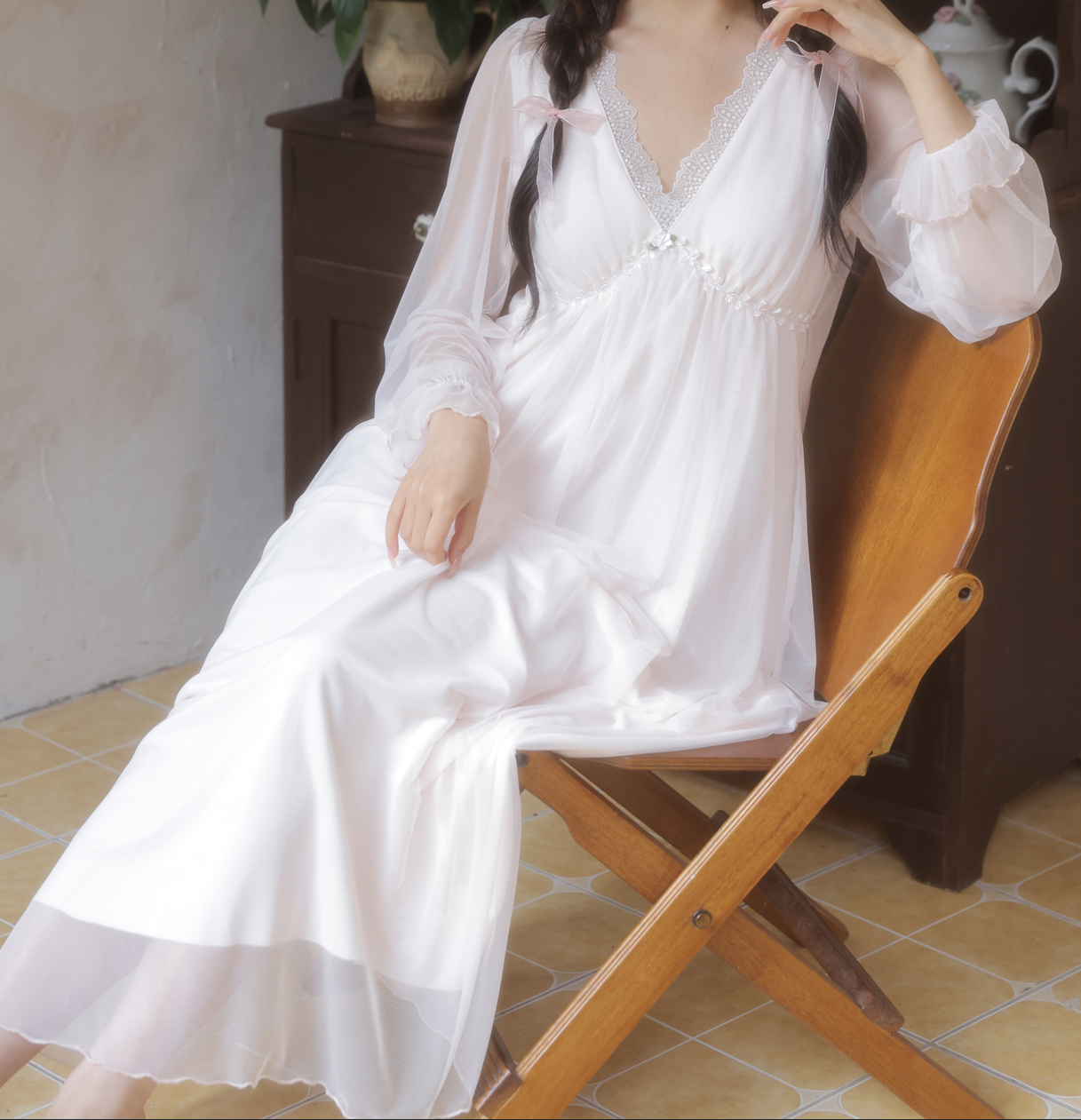 Fairy Veil Nightdress – Long Lace Chiffon-Style Gown in Soft Pink - SKU#42