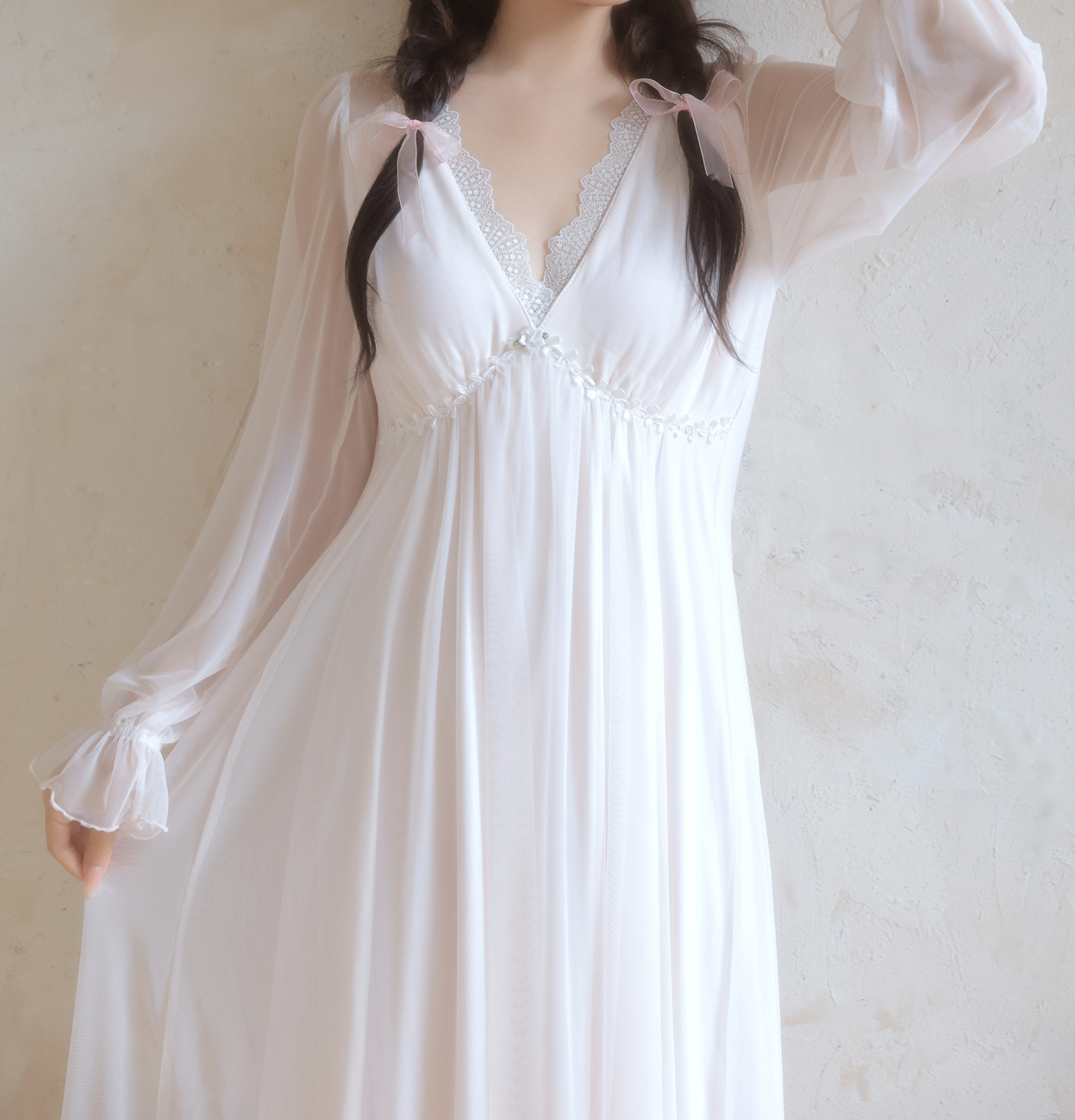 Fairy Veil Nightdress – Long Lace Chiffon-Style Gown in Soft Pink - SKU#42