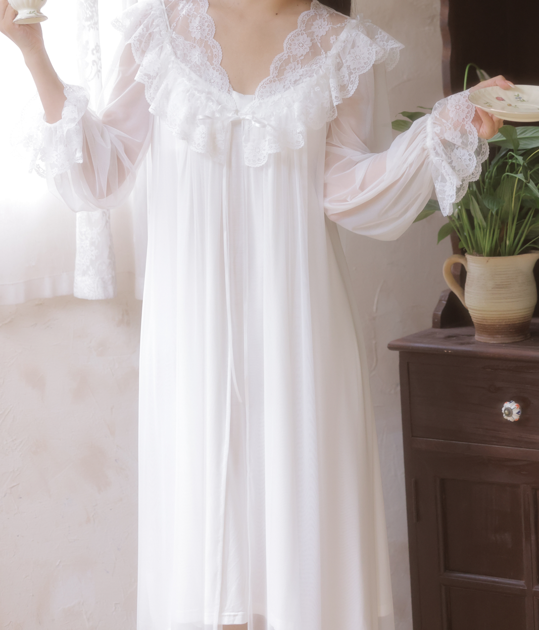 Angel Whisper Nightdress Set – Elegant Cloudlike Romance - SKU#43