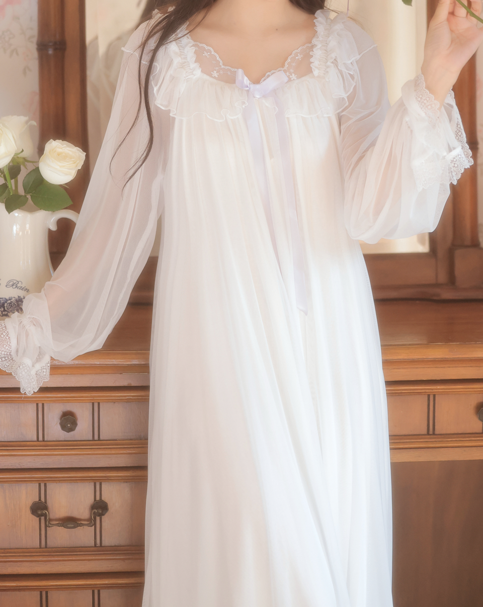 Moonlit Lace Nightdress Set – Dreamy Vintage Elegance - SKU#44