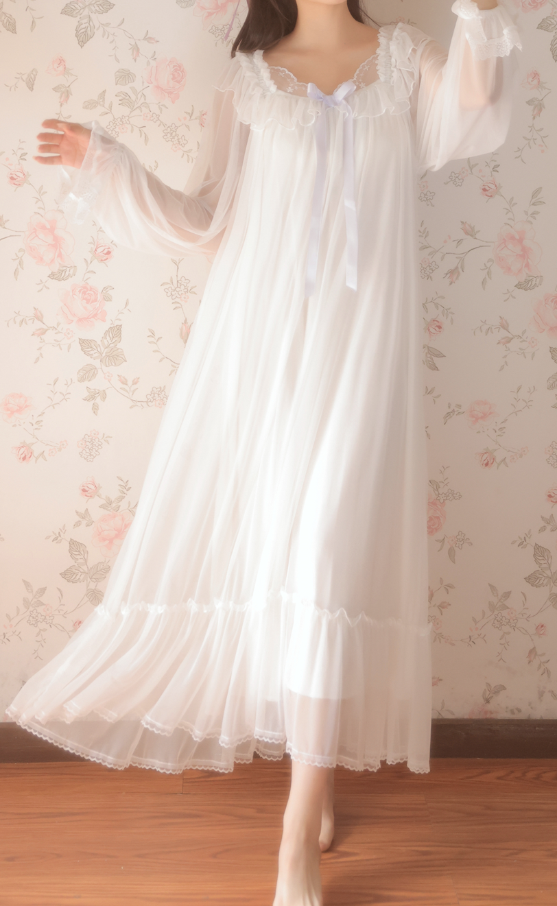 Moonlit Lace Nightdress Set – Dreamy Vintage Elegance - SKU#44