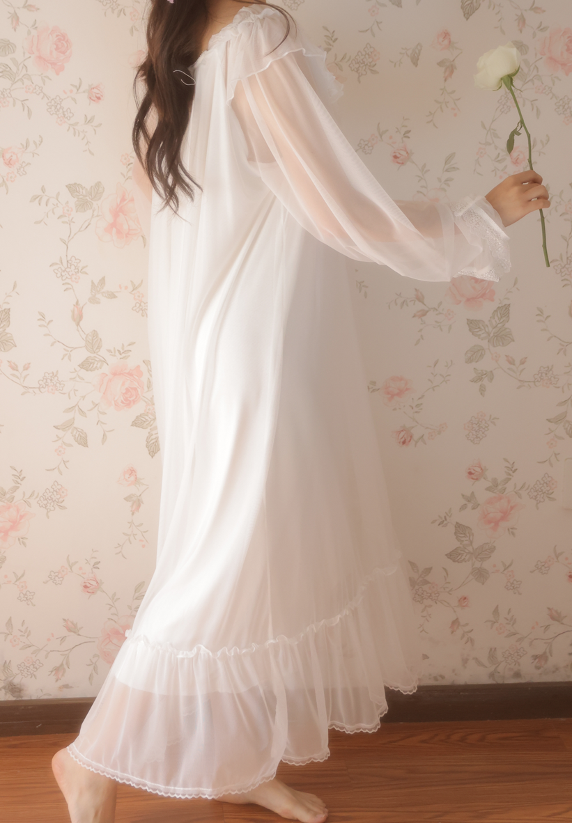 Moonlit Lace Nightdress Set – Dreamy Vintage Elegance - SKU#44