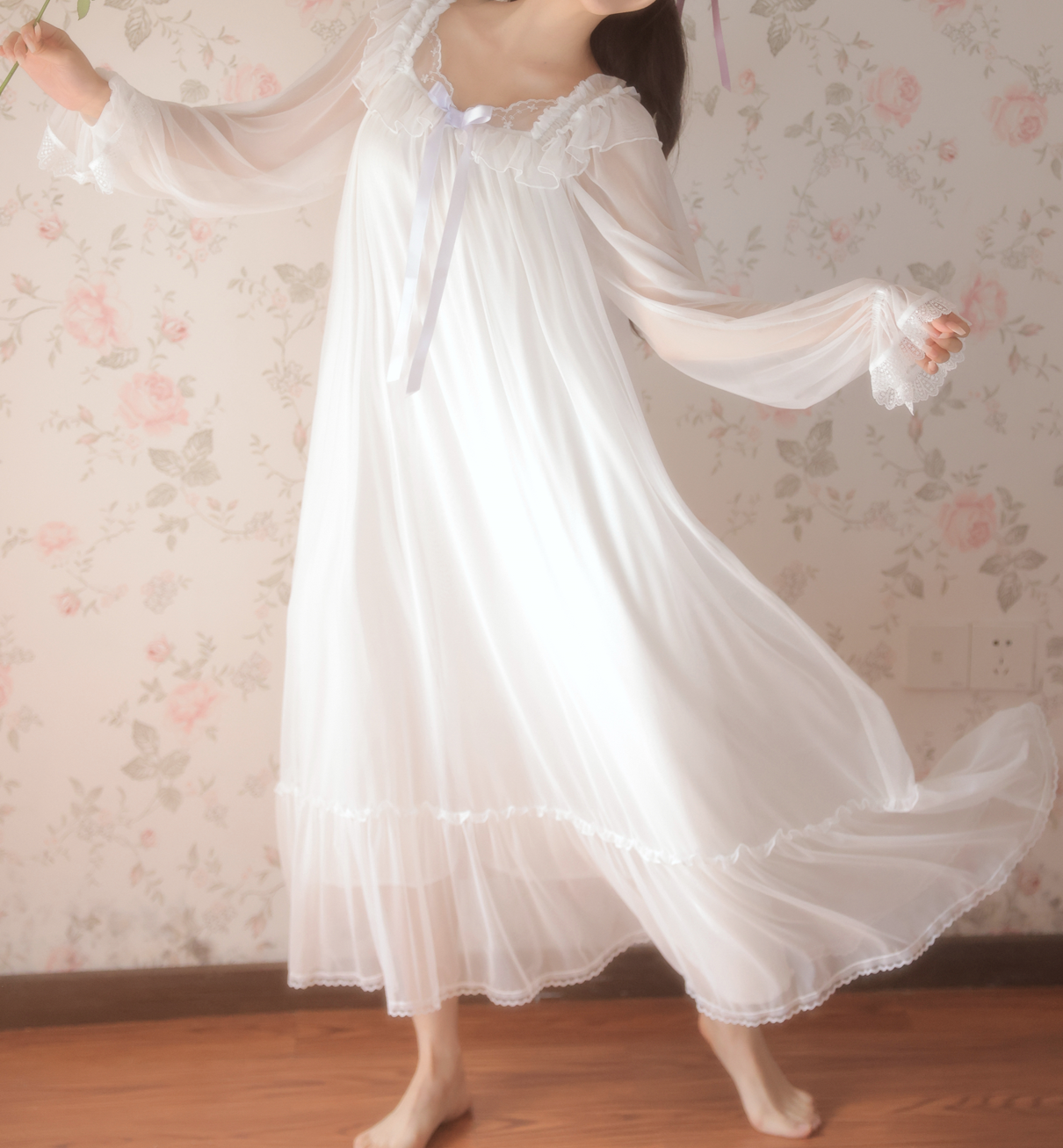 Moonlit Lace Nightdress Set – Dreamy Vintage Elegance - SKU#44