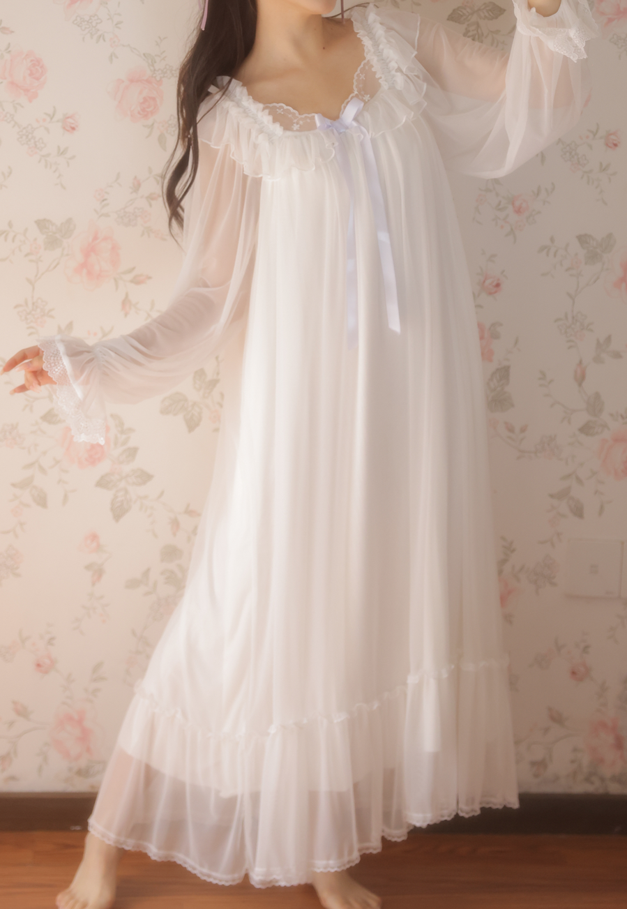 Moonlit Lace Nightdress Set – Dreamy Vintage Elegance - SKU#44