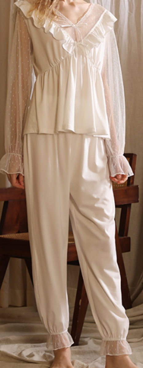 Dreamy Ruffle Lace Pyjama Set – Cream Long-Sleeve Lounge Set - SKU#D9