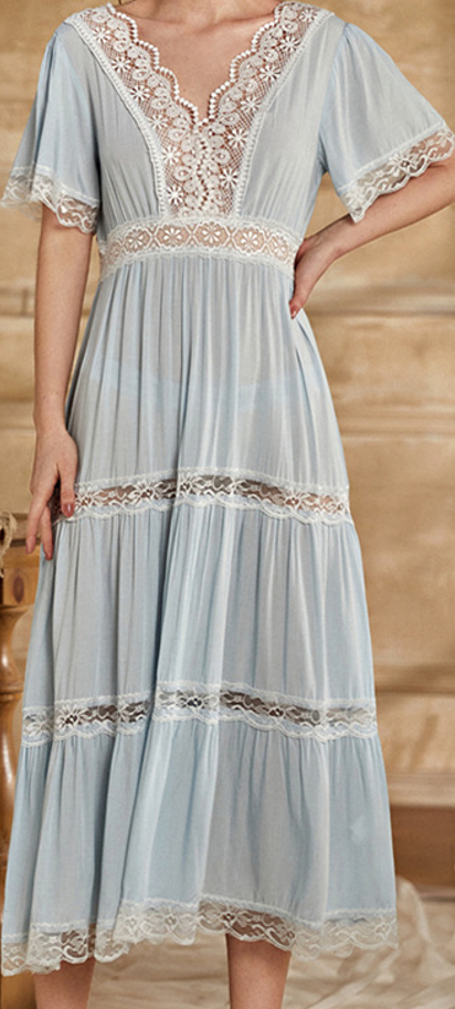 Blue Grace Lace Nightdress – Vintage Short-Sleeve Sleepwear Dress - SKU#D8