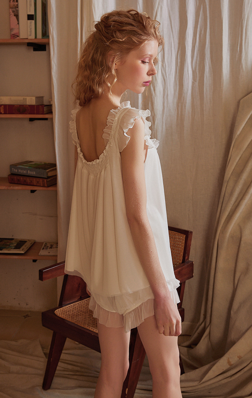 Sweet Ruffle Pajama Set – White Two-Piece Sleepwear - SKU#45