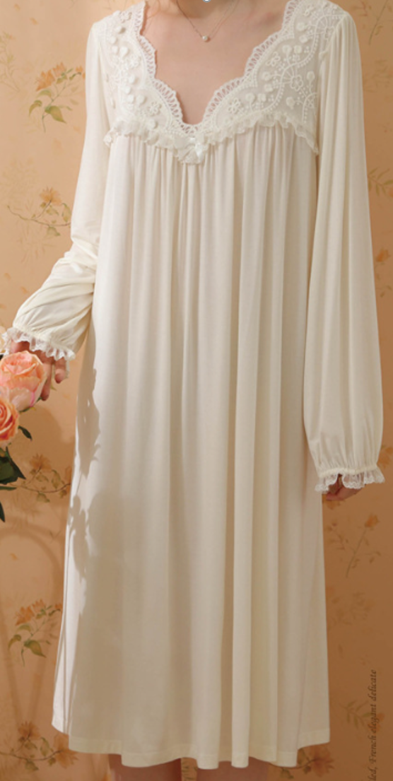 Lace Dream Long Nightdress – White Vintage Soft Sleepwear - SKU#D11