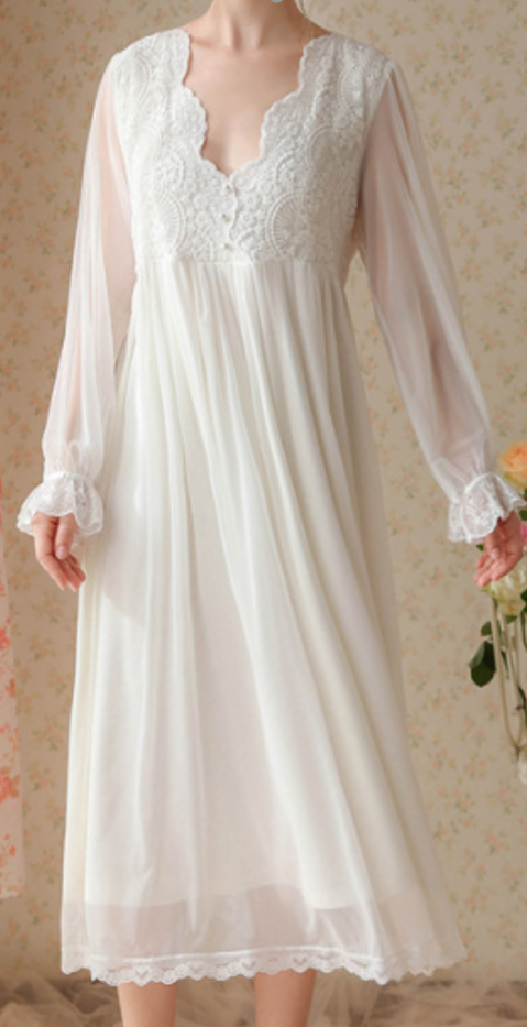 White Fairy Lace Long Nightdress – Elegant Sheer Sleeve Sleepwear - SKU#D12