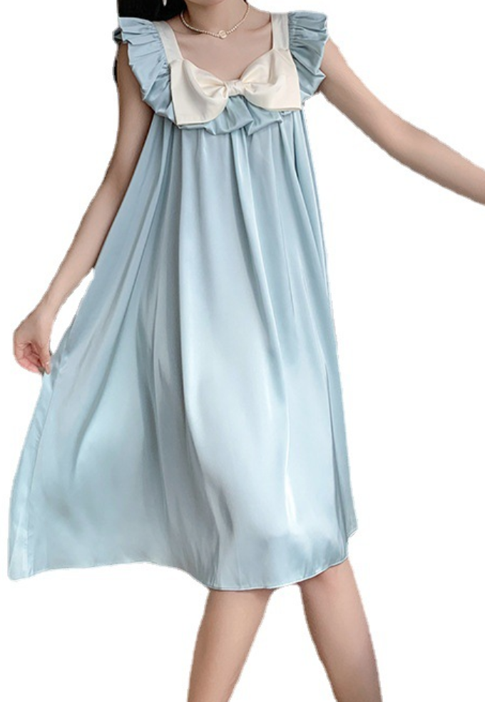 Blue Bow Ruffle Nightdress – One Size Elegant Sleepwear Dress - SKU#47