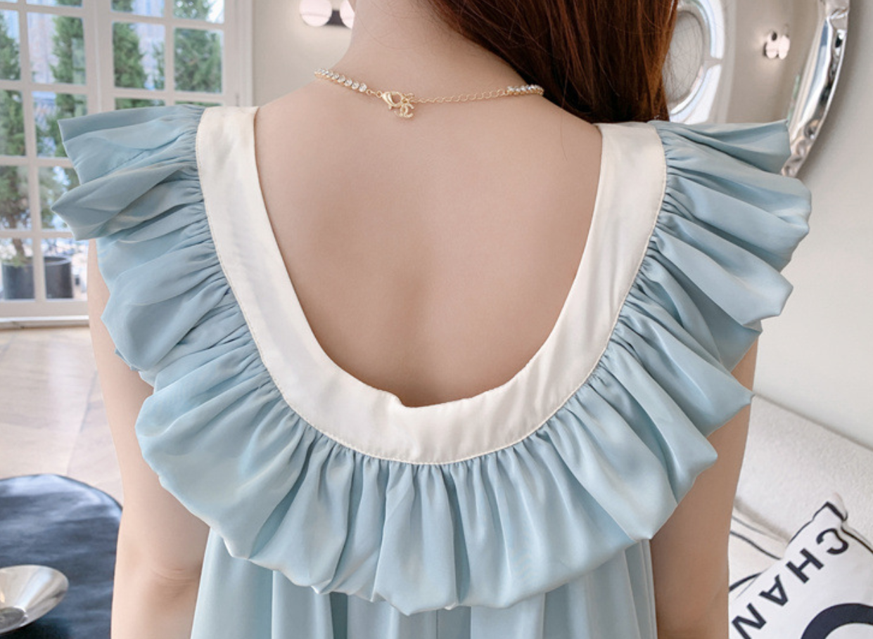 Blue Bow Ruffle Nightdress – One Size Elegant Sleepwear Dress - SKU#47