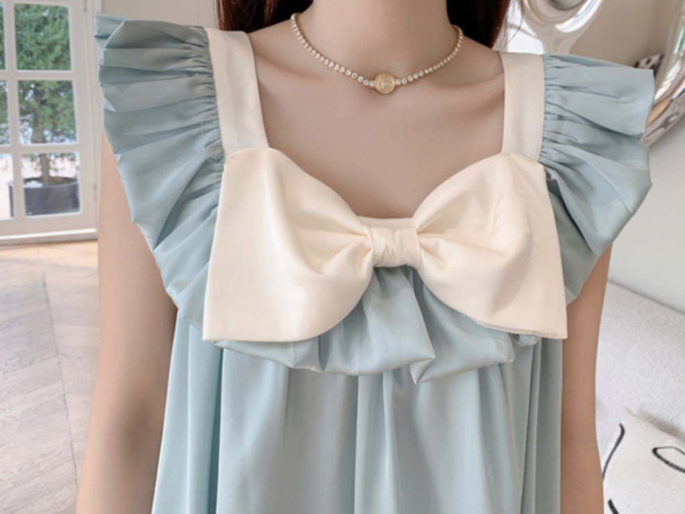 Blue Bow Ruffle Nightdress – One Size Elegant Sleepwear Dress - SKU#47