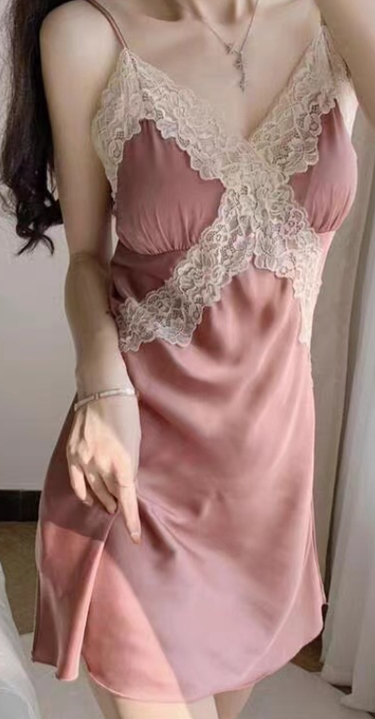 Rosy Lace Satin Slip Dress – Vintage Pink Silk-Feel Nightwear - SKU#D12