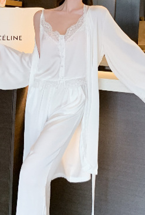 Elegant 3-Piece White Lace Satin Sleepwear Set – Camisole, Pants & Robe - SKU#D15