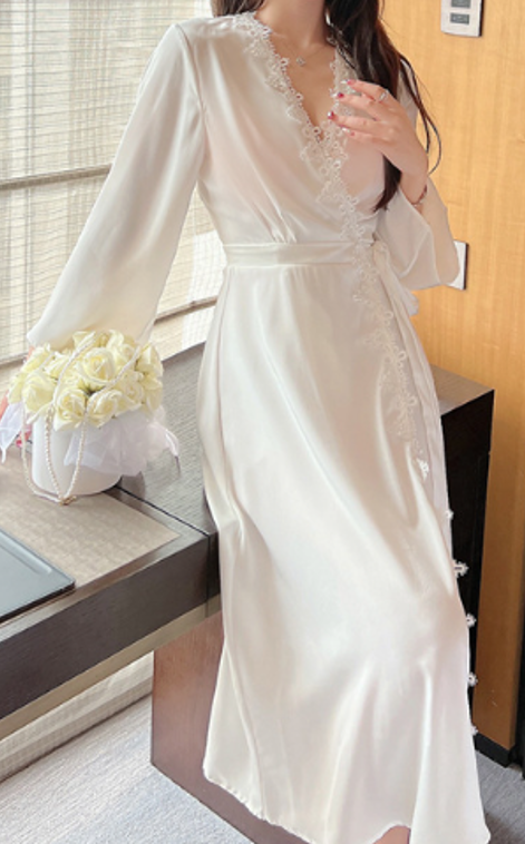 Elegant Lace-Back Satin Long Nightdress – White Silky Sleepwear – SKU#D19
