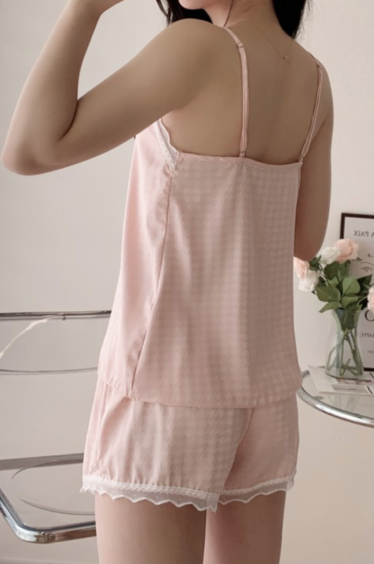 Pink Lace Cami & Shorts Sleepwear Set – Soft Satin Feel Pyjamas - SKU#48
