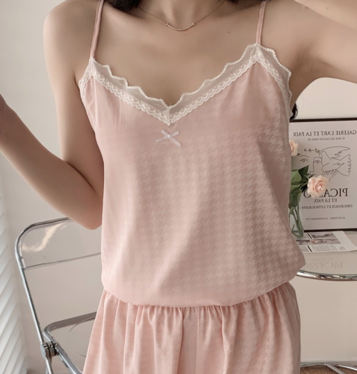 Pink Lace Cami & Shorts Sleepwear Set – Soft Satin Feel Pyjamas - SKU#48
