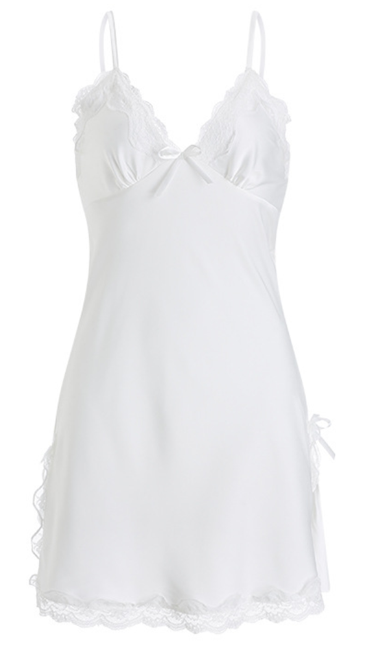 Elegant White Lace Satin Nightdress – Silky Soft Cami Sleepwear - SKU#57