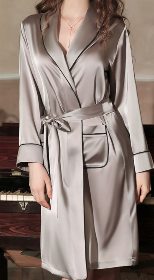 Elegant Grey Satin Robe – Belted Long Sleeve Loungewear - SKU#54