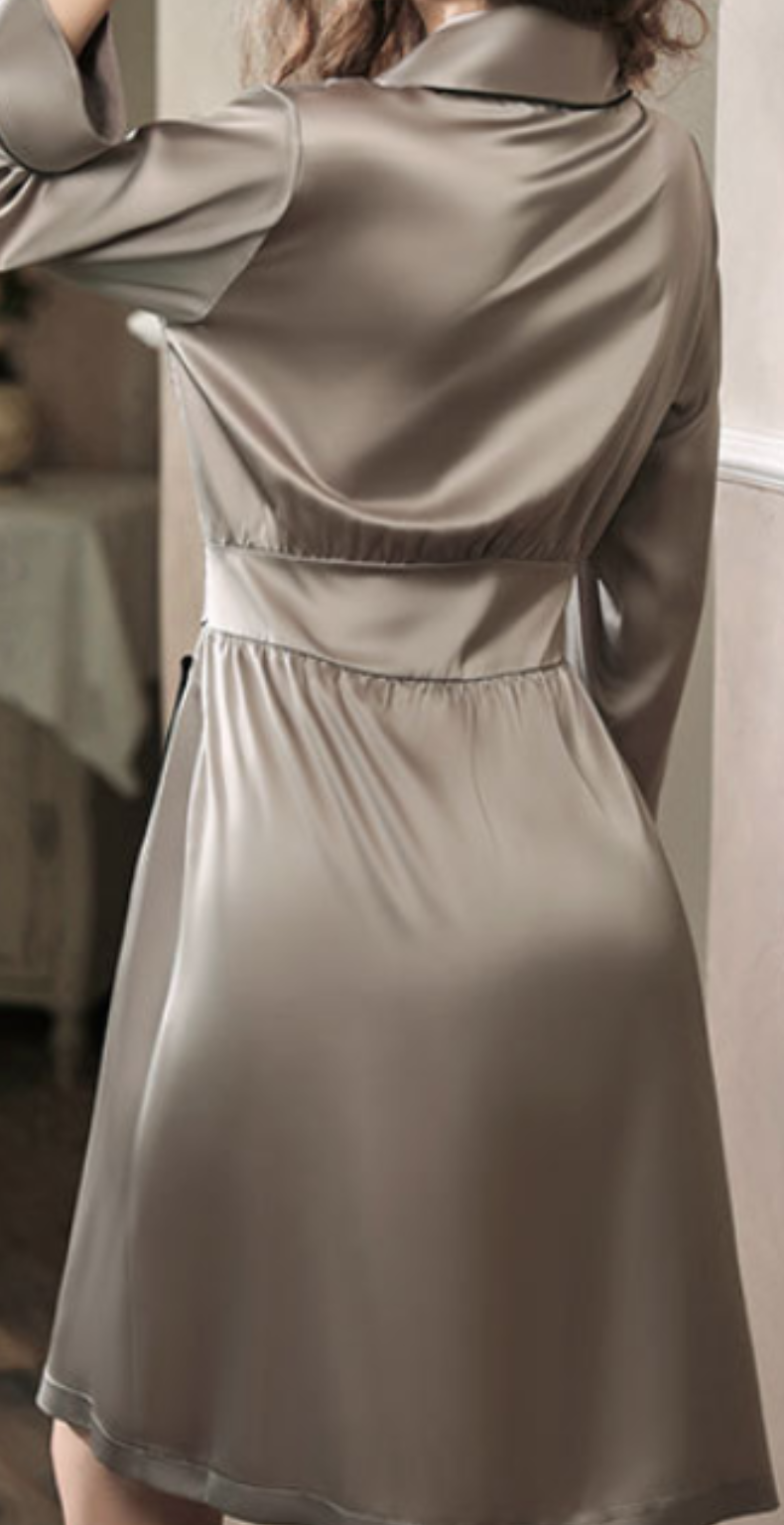 Elegant Grey Satin Robe – Belted Long Sleeve Loungewear - SKU#54