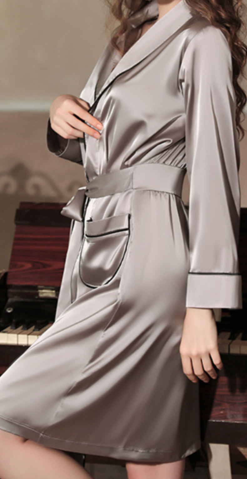 Elegant Grey Satin Robe – Belted Long Sleeve Loungewear - SKU#54