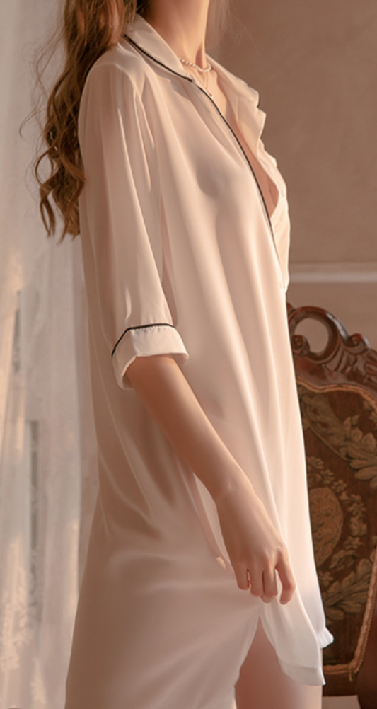 Elegant Nude Pink Satin Shirt Dress Sleepwear – Loose Silky Nightshirt - SKU#55