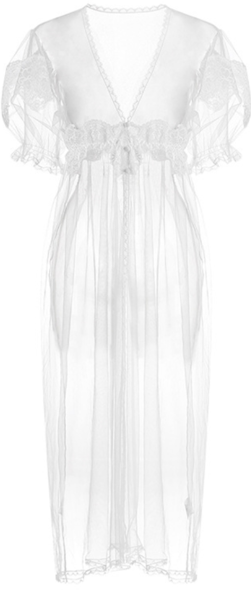 Elegant White Lace Mesh Robe Set – Sheer 2-Piece Nightwear - SKU#56