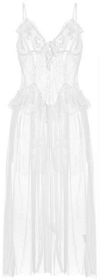Elegant White Lace Mesh Robe Set – Sheer 2-Piece Nightwear - SKU#56