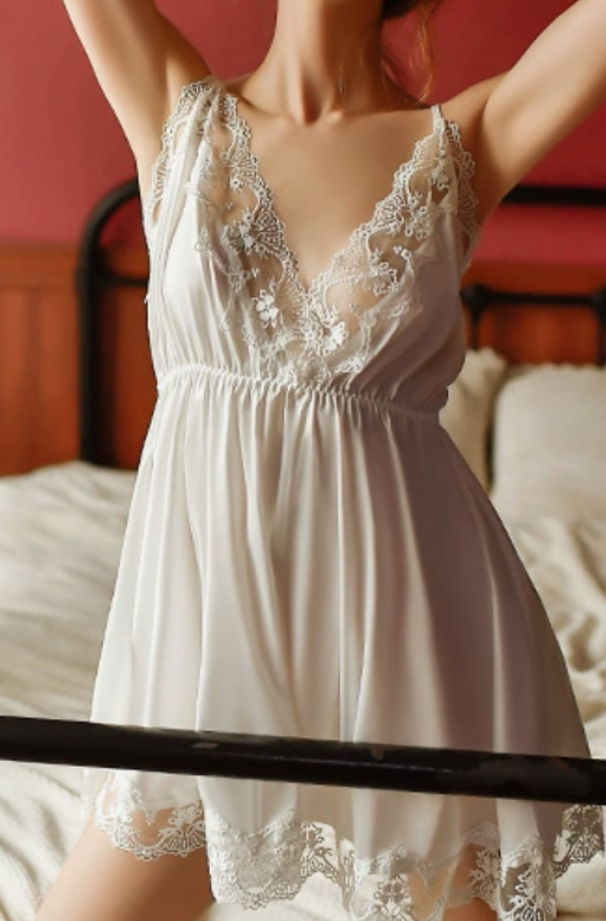 Elegant White Lace Satin Nightdress Set – Robe & Chemise Two-Piece Sleepwear - SKU#58