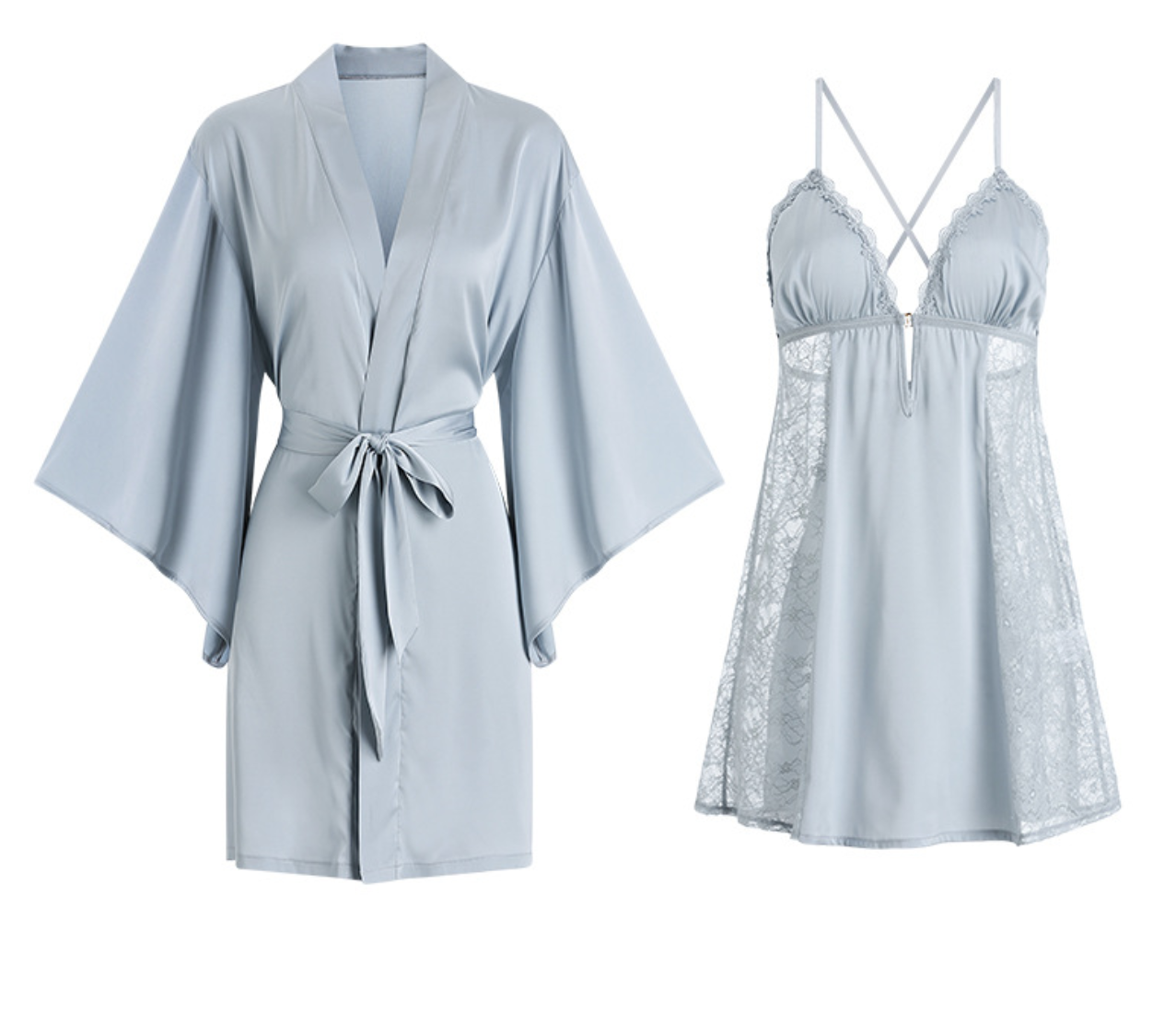 Elegant Light Grey Satin Lace Sleepwear Set – Robe & Nightdress Options - SKU#60