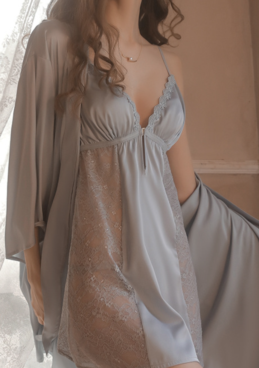 Elegant Light Grey Satin Lace Sleepwear Set – Robe & Nightdress Options - SKU#60