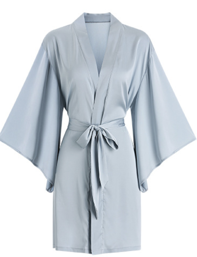 Elegant Light Grey Satin Lace Sleepwear Set – Robe & Nightdress Options - SKU#60