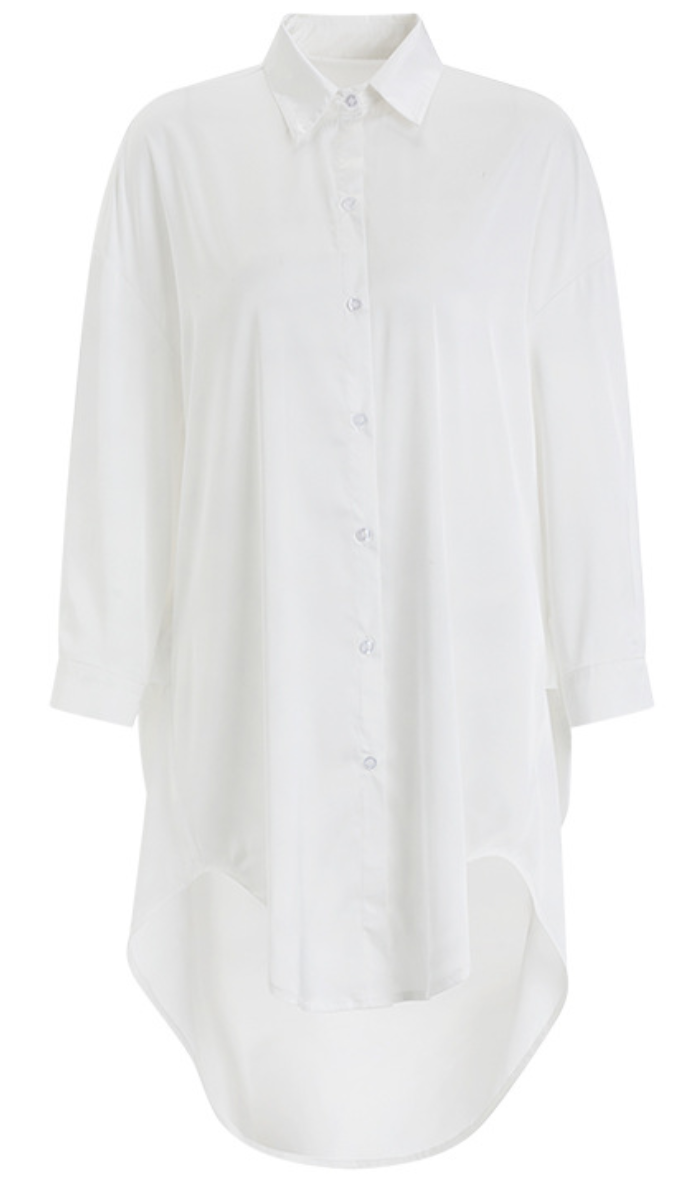 Elegant White Satin Shirt Dress Sleepwear – Silky Loose Nightshirt - SKU#61