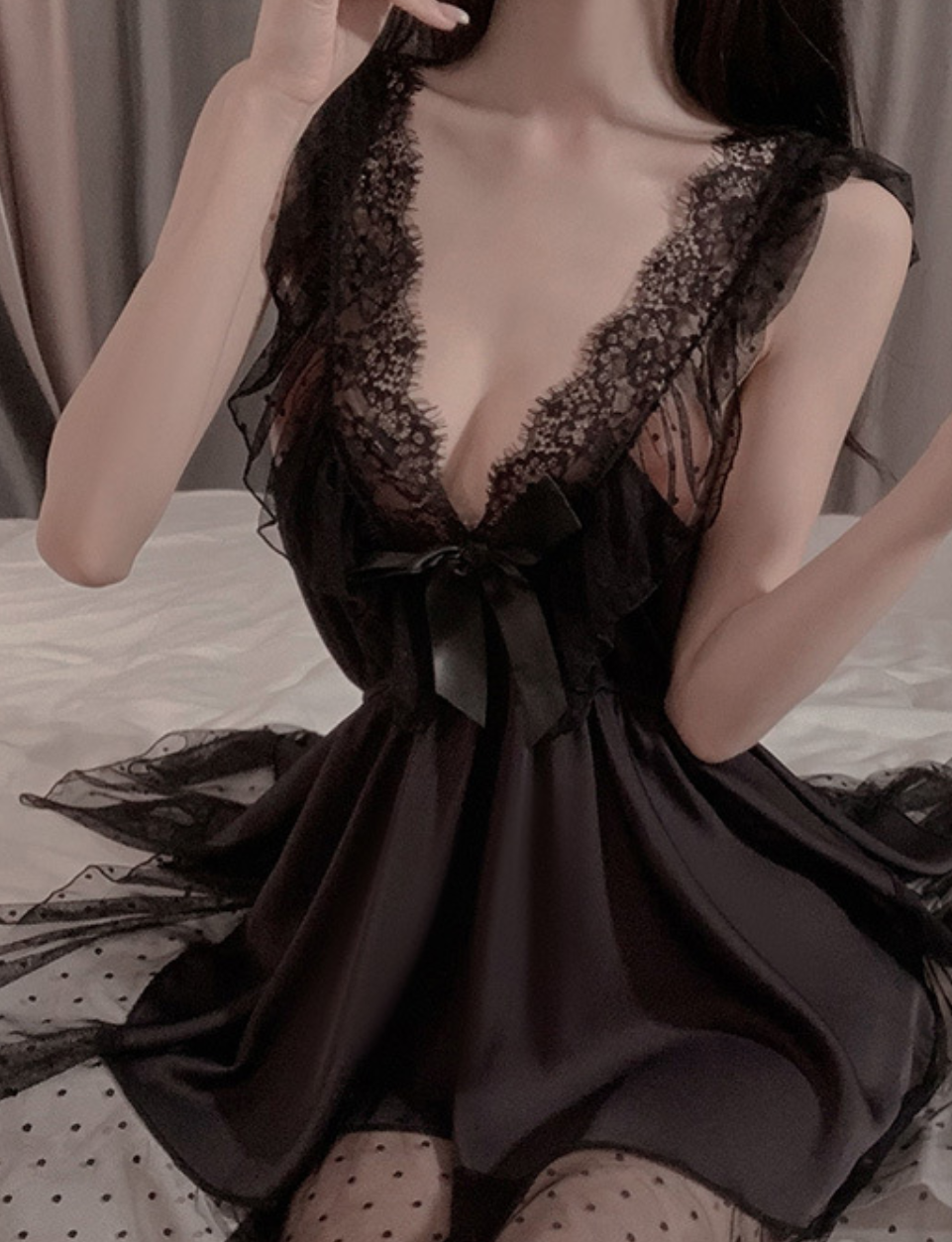 Elegant Lace Mesh Babydoll Nightdress – Sheer Layered Sleepwear (Black / White) - SKU#62