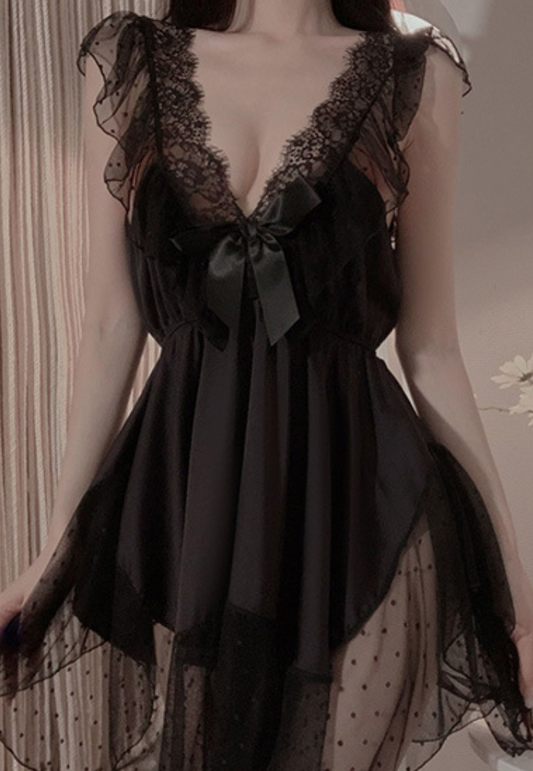 Elegant Lace Mesh Babydoll Nightdress – Sheer Layered Sleepwear (Black / White) - SKU#62