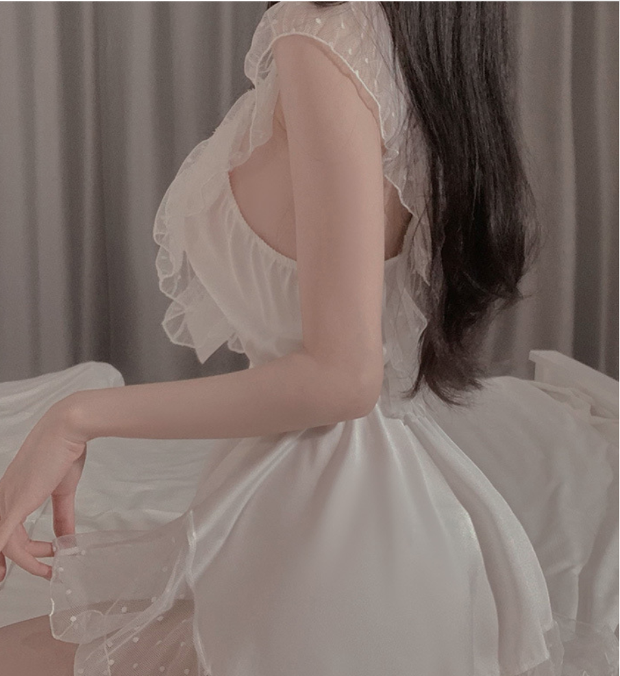 Elegant Lace Mesh Babydoll Nightdress – Sheer Layered Sleepwear (Black / White) - SKU#62