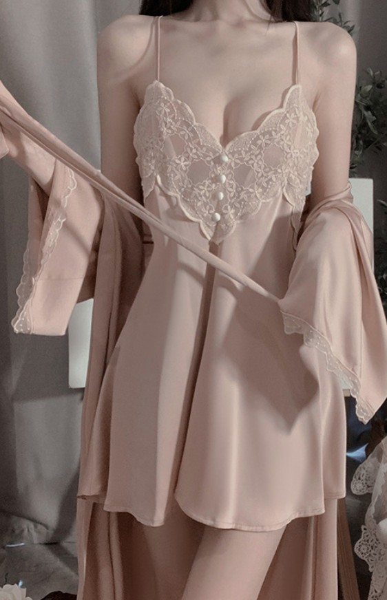 Rose Gold Lace Satin Nightdress & Robe – Elegant Silky Loungewear - SKU#63