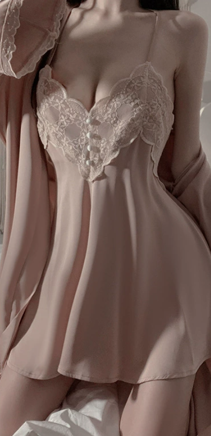 Rose Gold Lace Satin Nightdress & Robe – Elegant Silky Loungewear - SKU#63