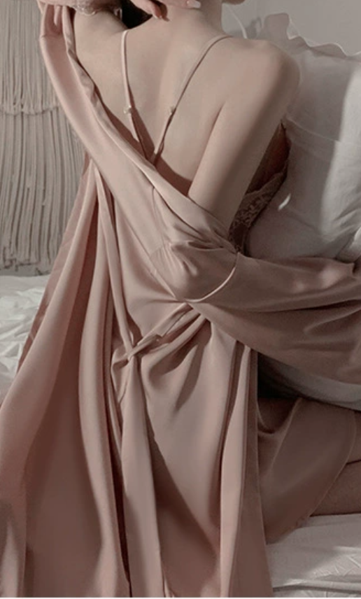 Rose Gold Lace Satin Nightdress & Robe – Elegant Silky Loungewear - SKU#63